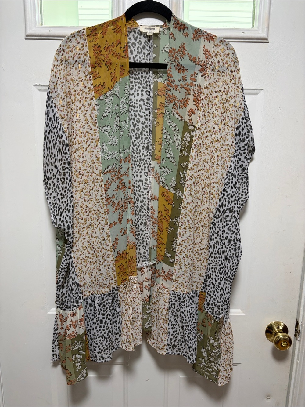 Umgee Multi-Print Open Front Kimono in Mint, Mustard & Cream